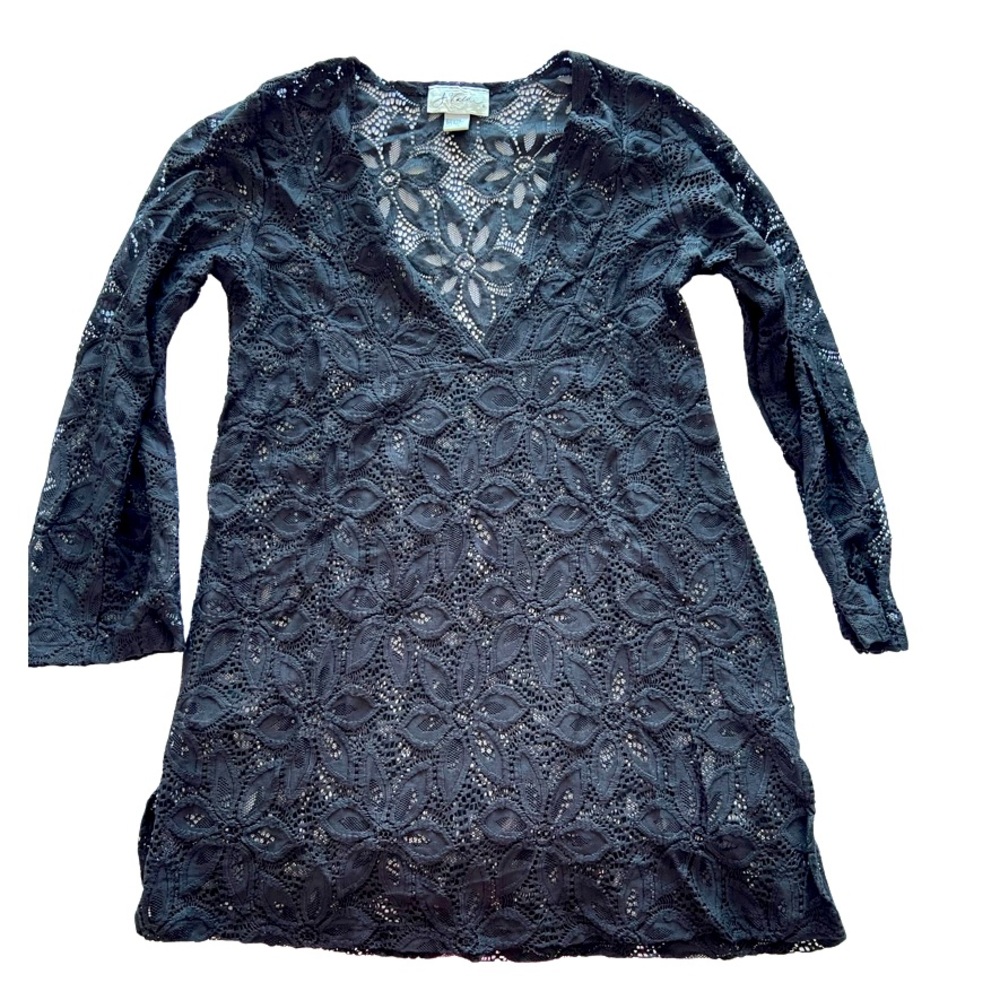J Valdi black eyelit bathing suit beach coverup